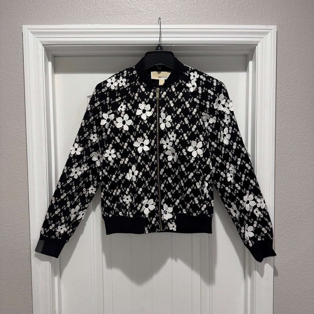 BRAND NEW Michael Kors Black & White Floral Embroidered Bomber Jacket